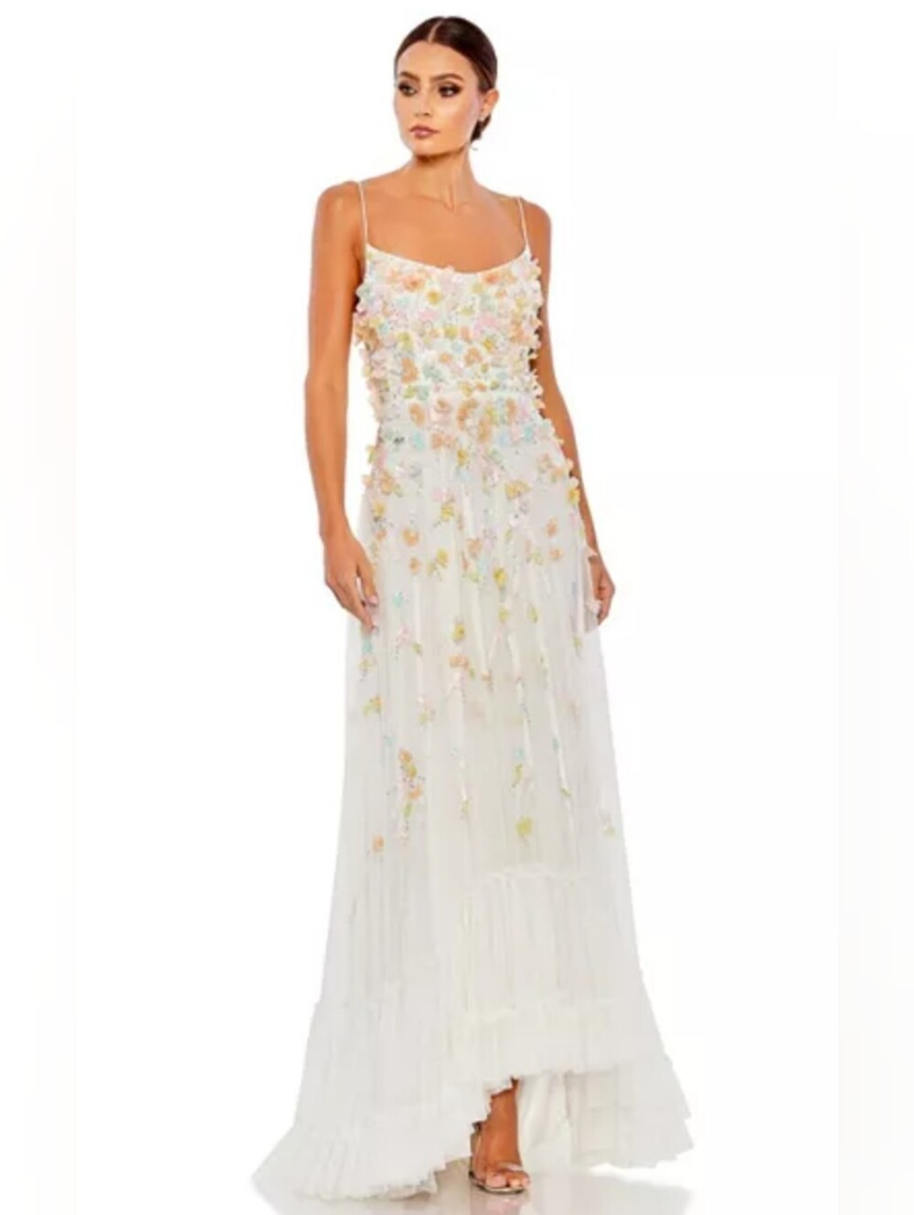 Mac Duggal 9163 Beaded 3D Flower Cami Ruffled High Low White Lace Up Gown, 8